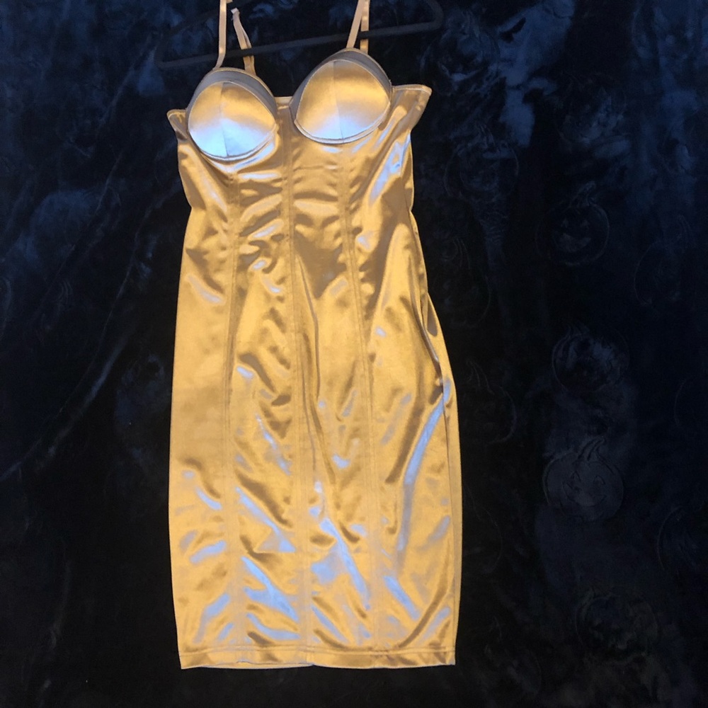Gold satin bodycon dress.